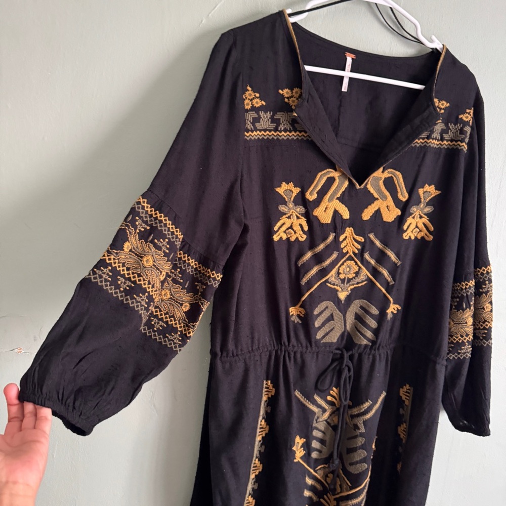 Free People Tunic Embroidered Dress Black Yelllow tribal long sleeve boho large - Picture 10 of 10